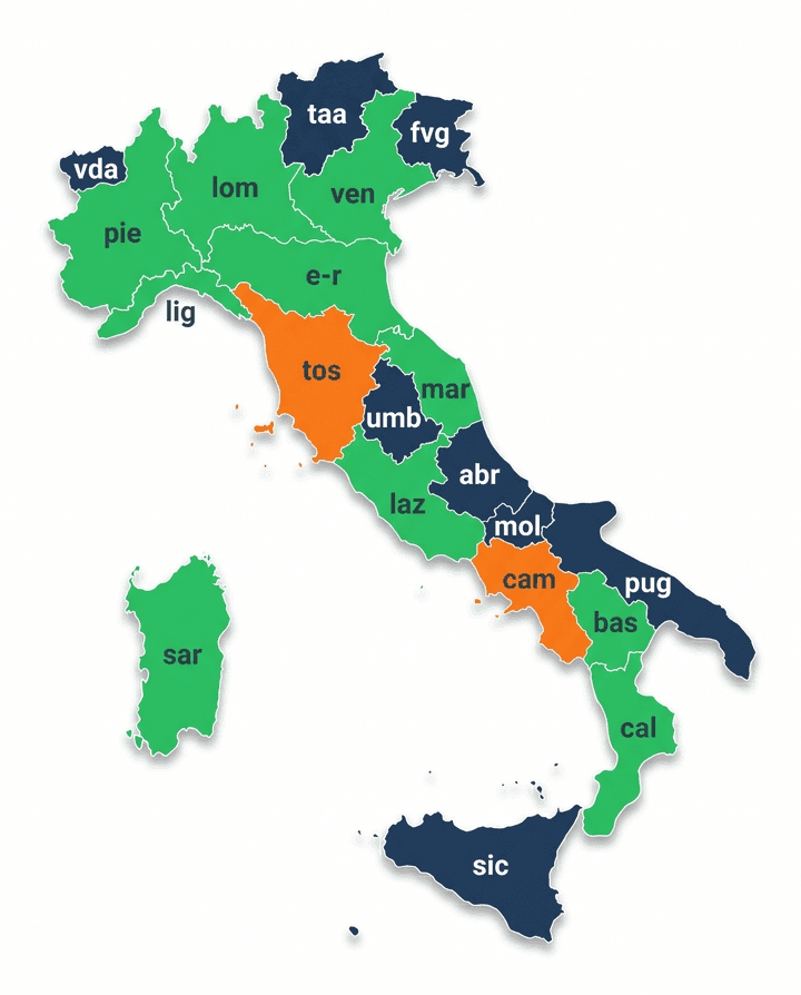 Mappa Italia - sistemi ISTAT regionali per le strutture ricettive. Verde: Ross1000 attivo. Arancione: migrazione in corso. Blu scuro: sistema regionale proprio.